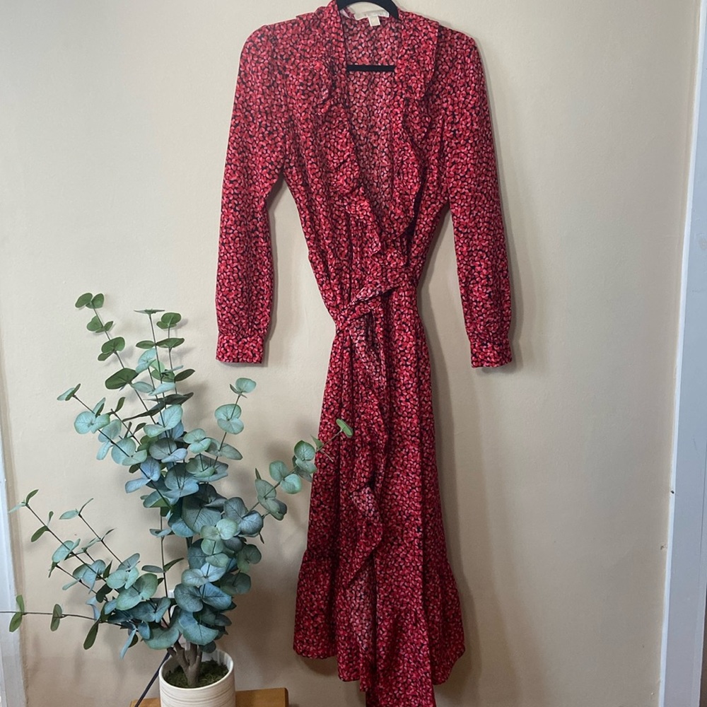 Michael Kors Petal Crepe Ruffled Wrap Dress Long maxi Women's Medium Pink Red - Picture 3 of 8